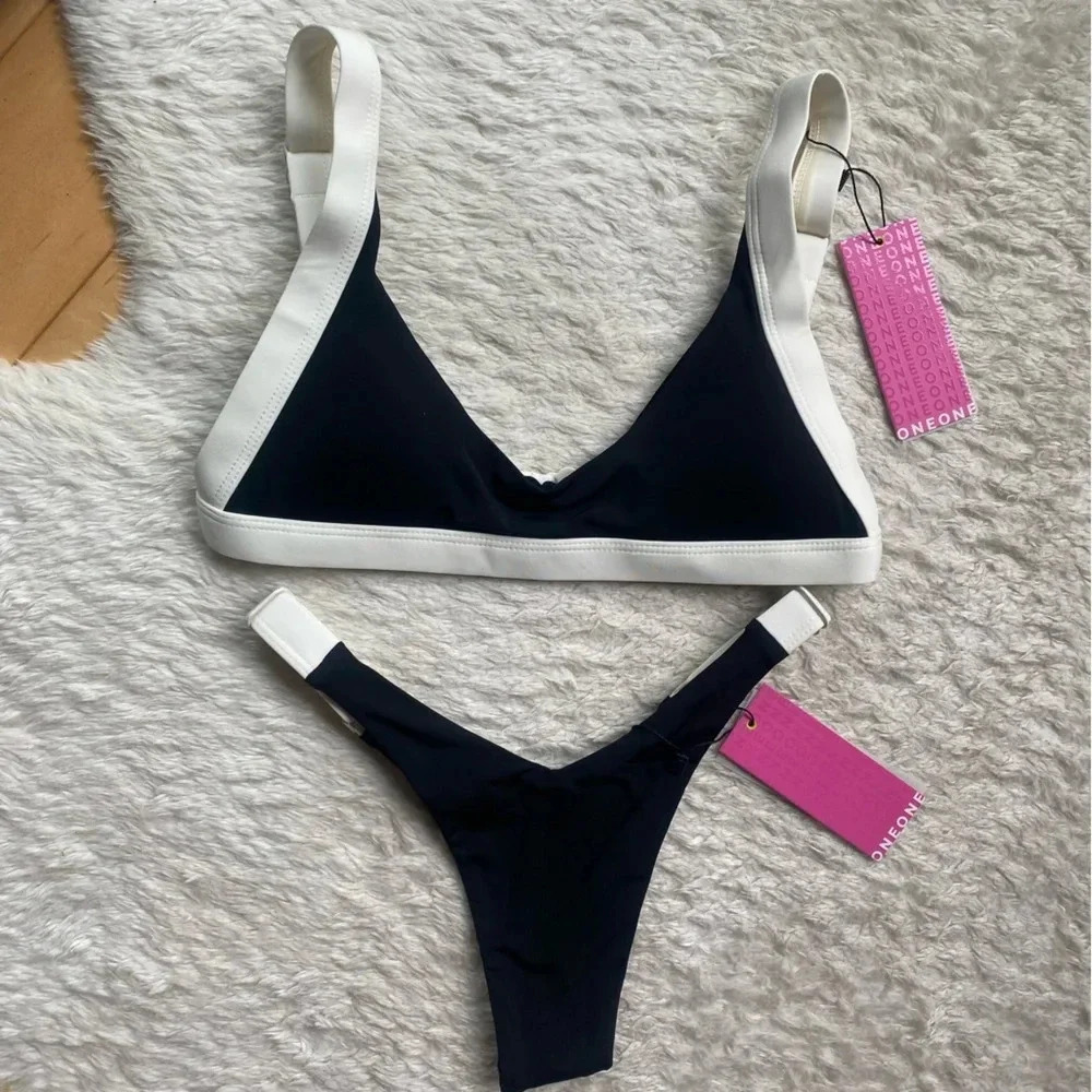 NWT OneOne Swimwear SET Bikini Cape Swimsuit Black White Marina Elena NEW Trendy - Picture 6 of 17